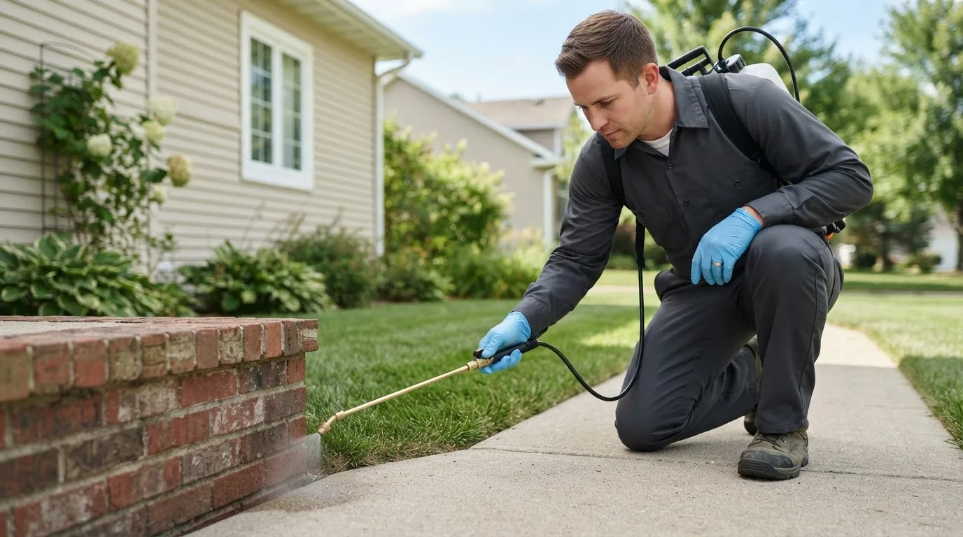 Pest control technician treating a home near Elwood, NE